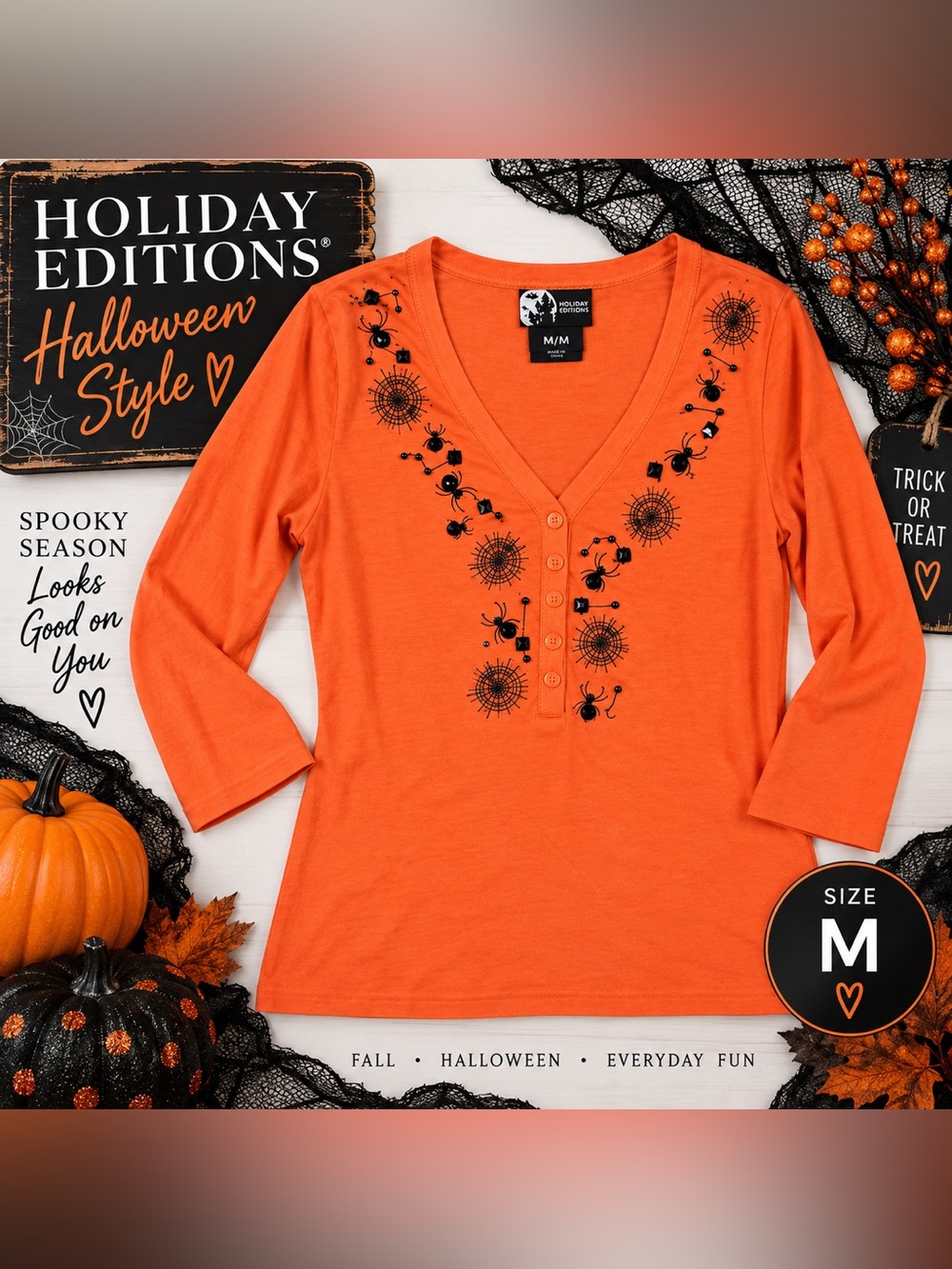 Holiday Editions Halloween Spider Web Embellished Orange Top Medium